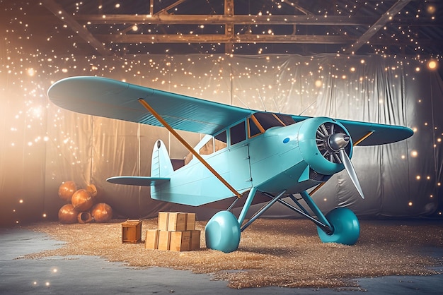 Un avion bleu dans un garage avec des boîtes de boîtes sur le sol.