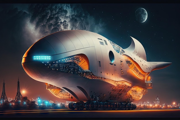 Avion cargo futuriste du futur sur fond de ville nocturne illuminée créée avec générative