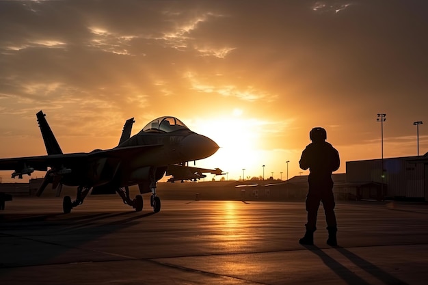 Un avion de chasse est stationné sur le tarmac au coucher du soleil.