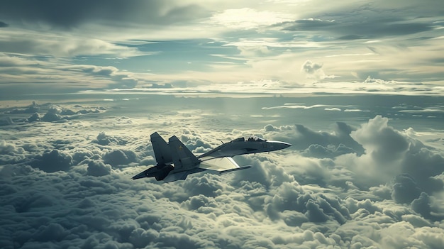 Un avion de chasse militaire vole dans le ciel au-dessus des nuages.