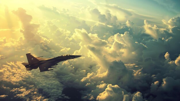 Un avion de chasse militaire vole dans le ciel au-dessus des nuages.