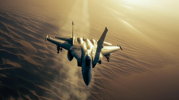 Un avion de chasse survole le désert avec le soleil qui brille sur l'aile gauche.