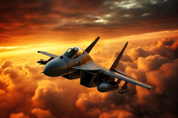 Un avion de chasse volant dans le ciel du soir au-dessus des nuages