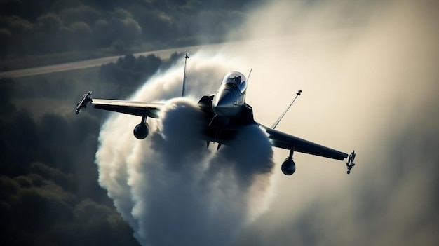 Un avion de chasse vole dans le ciel avec de la fumée qui en sort.