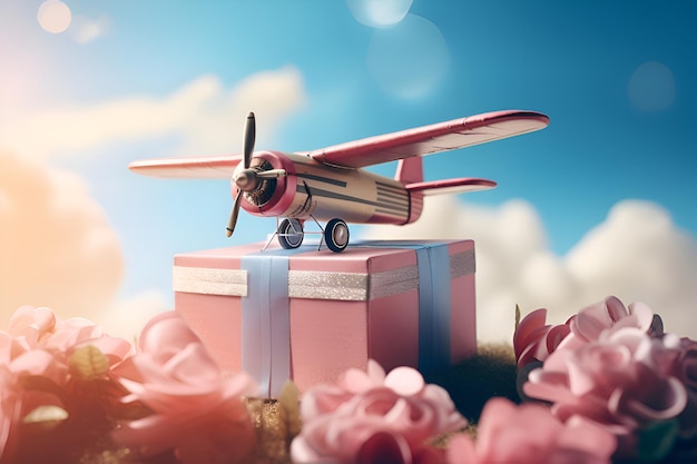 Avion sur coffrets cadeaux roses sur fond de ciel Generative AI 4