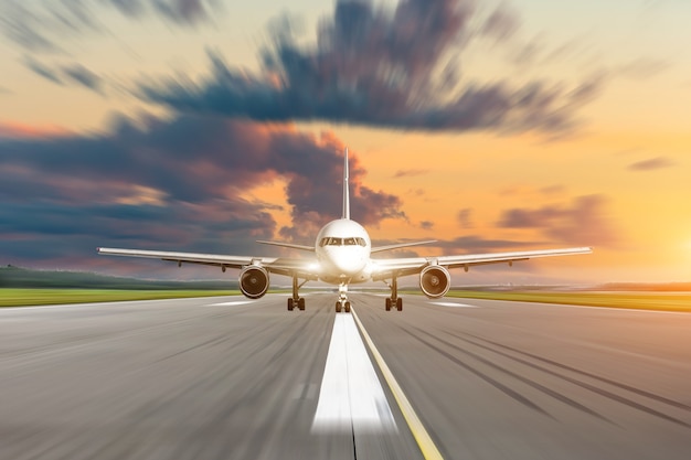 L'avion commercial accélère sur la piste de l'aéroport au coucher du soleil à une vitesse floue.