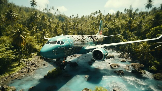 Un avion commercial décolle d'une île tropicale