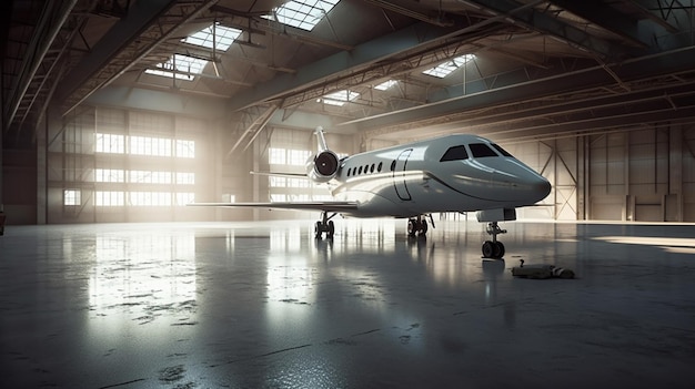 Photo avion commercial à l'intérieur du hangar ia générative