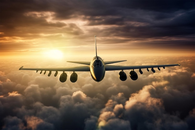 un avion commercial de passagers volant au-dessus des nuages à la lumière du coucher du soleil