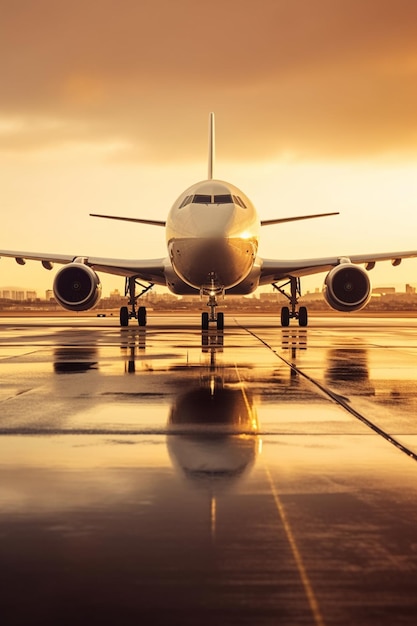 Avion commercial sur la piste de l'aéroport au coucher du soleil