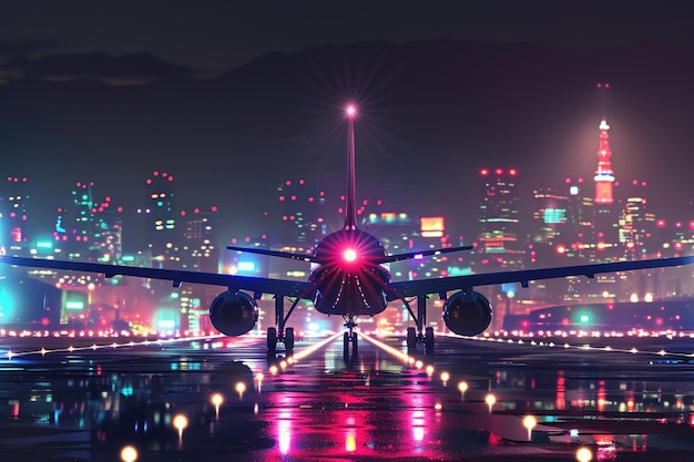 Photo un avion commercial sur la piste avec des lumières nocturnes vibrantes du paysage urbain futuriste