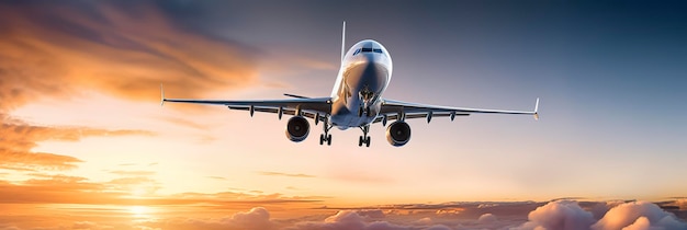 Avion commercial volant au-dessus de nuages spectaculaires au coucher du soleil AI générative