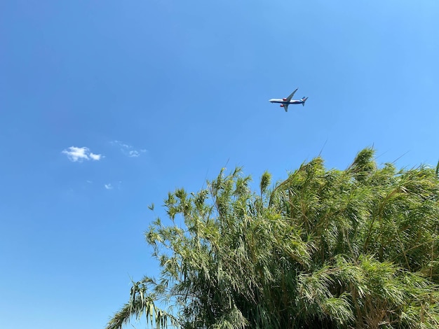 Avion dans le ciel bleu et cloudL'avion de passagers sur fond de ciel bleu foncé
