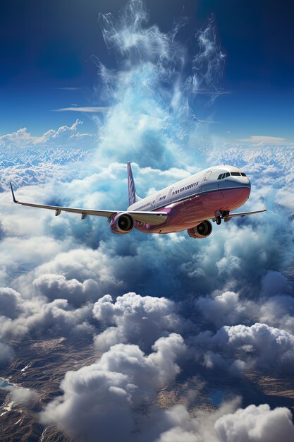 Avion dans le ciel avec des nuages Avion volant dans les nuages Concept de voyage