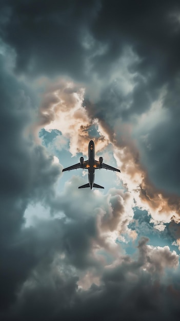 Avion dans le ciel avec des nuages et des rayons de soleil Concept de voyage