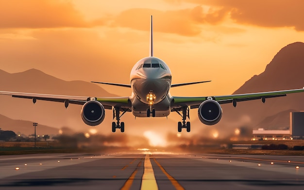 Un avion décollant d'une piste d'aéroport au coucher du soleil