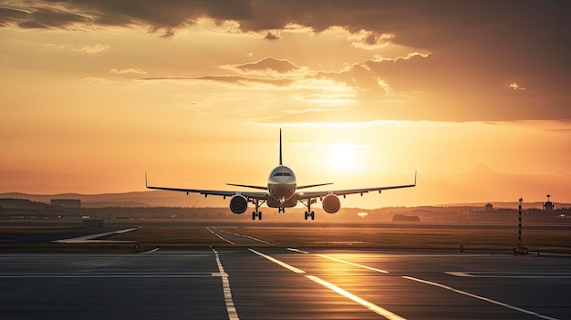 Un avion décollant d'une piste au coucher du soleil