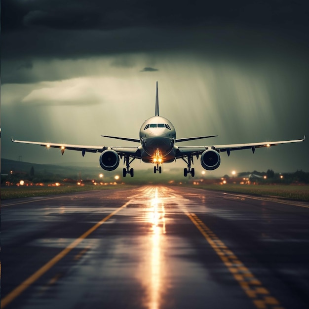 Avion décollant de la piste la nuit avec pluie et orage