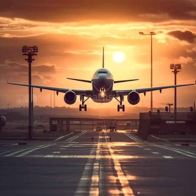 Un avion décolle de la piste au coucher du soleil.