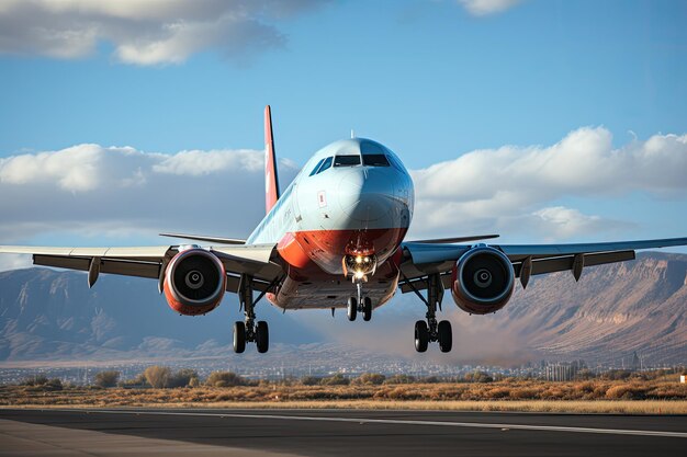 Un avion décolle d'une piste au lever du soleil.