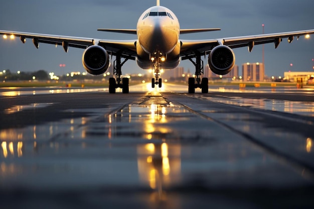 Un avion décolle de la piste la nuit.