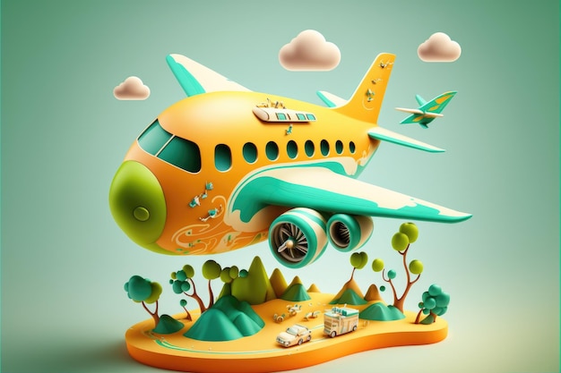 Un avion de dessin animé 3d représente le voyage d'été