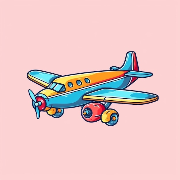 Un avion de dessin animé avec une hélice sur fond rose.