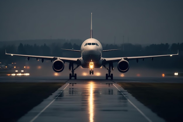 Avion en direction du ciel décollant ou atterrissant sur la piste de l'aéroport IA générative