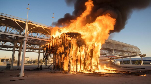 Un avion est en feu dans un aéroport.