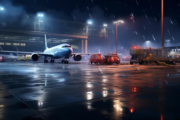 un avion est garé à l'aéroport sous la pluie.