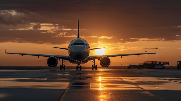 Un avion est sur la piste au coucher du soleil.
