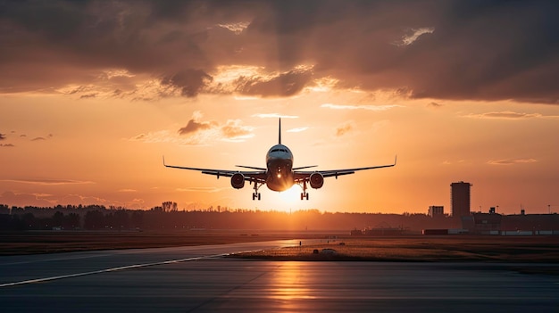 Un avion est sur le point d'atterrir au coucher du soleil.