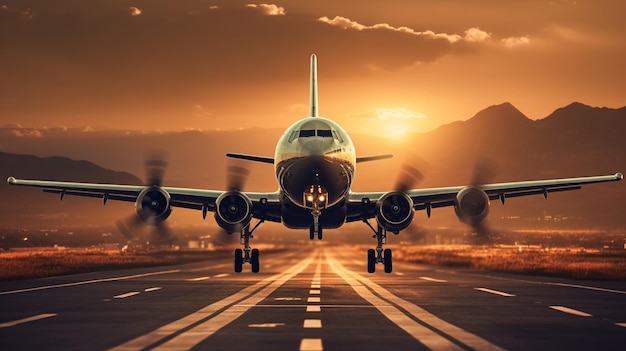 Un avion est sur le point de décoller d'une piste au coucher du soleil.