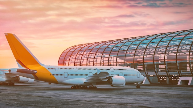 L'avion est stationné à l'aéroport. rendu et illustration 3D.