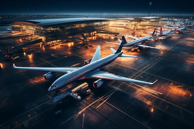 un avion est stationné dans un aéroport avec les lumières allumées.