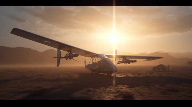 Un avion est stationné dans un désert avec le soleil se couchant derrière lui.