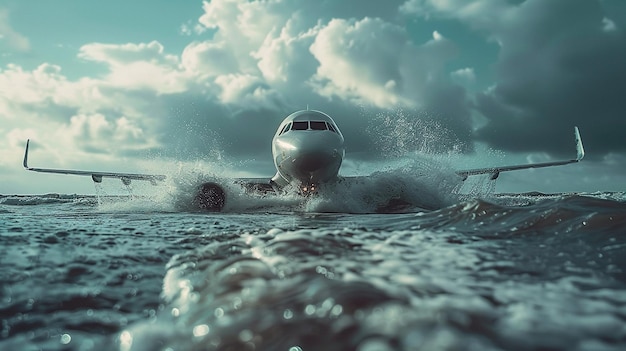 Photo un avion fait un atterrissage d'urgence au milieu de la mer