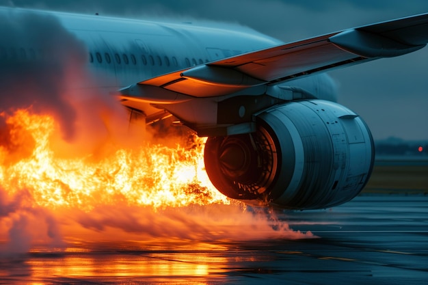 L'avion a fait un atterrissage d'urgence sur la piste avec un moteur endommagé qui a commencé à brûler.