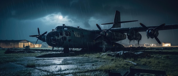 Avion de guerre militaire post apocalypse paysage écran large adondoned affiche photo pluie verdure nuit