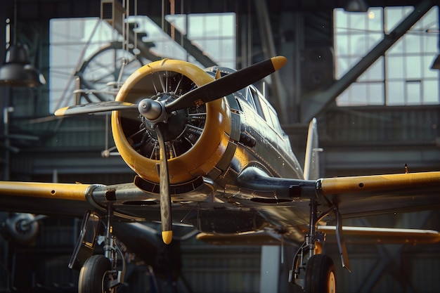 Photo un avion avec une hélice jaune et une hèlice noire et blanche