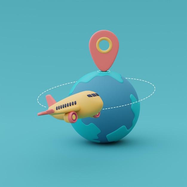 Avion jaune avec globe et goupille de localisation, concept de temps de voyage, planification de vacances, vacances, prêt pour le rendu travel.3d.