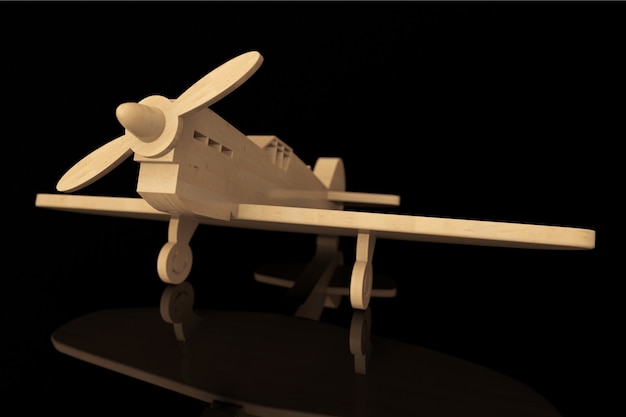 Avion jouet en bois 3d sur fond noir