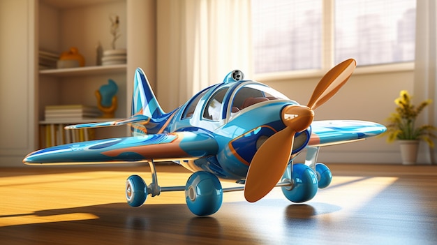 Avion jouet à hélice bleue pour enfants tournant à l'intérieur