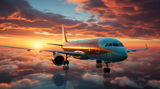 Avion de ligne commercial volant au-dessus des nuages dans la belle lumière du soleil Travel concept aviation