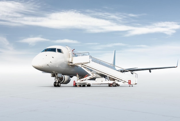 Avion de ligne avec étapes d'embarquement à l'aire de trafic de l'aéroport isolé sur fond clair avec ciel