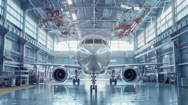 Un avion de ligne majestueux dans le hangar se prépare pour le prochain voyage.