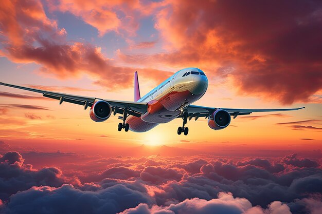 Photo un avion de ligne s'envole gracieusement à travers des nuages colorés au coucher du soleil créant un mesmerizi