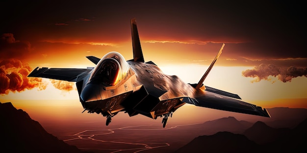 Avion militaire F35 survolant un magnifique coucher de soleil AIGenerated