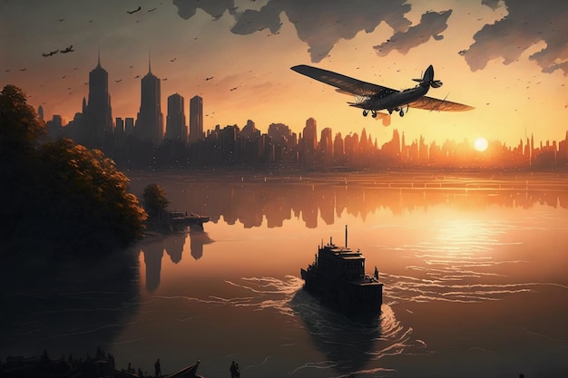 Un avion militaire vole au-dessus de la ville au lever du soleil.