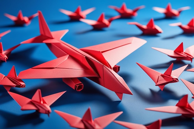 l'avion origami en papier rouge a une direction individuelle à partir d'avions blancs uniques de différentes manières